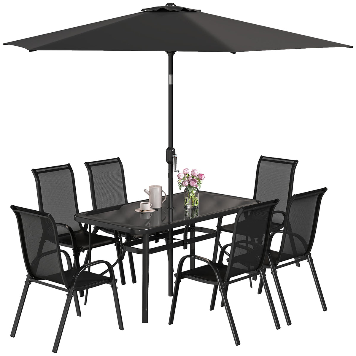 Ensemble repas de terrasse 8 pièces avec parasol 9 Ft, noir