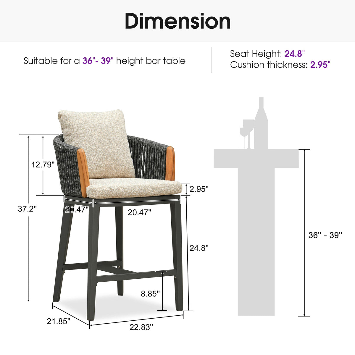 PURPLE LEAF Hailar – Tabouret de bar extérieur moderne en rotin avec dossier et coussin pour balcon, intérieur, extérieur ou îlot de cuisine
