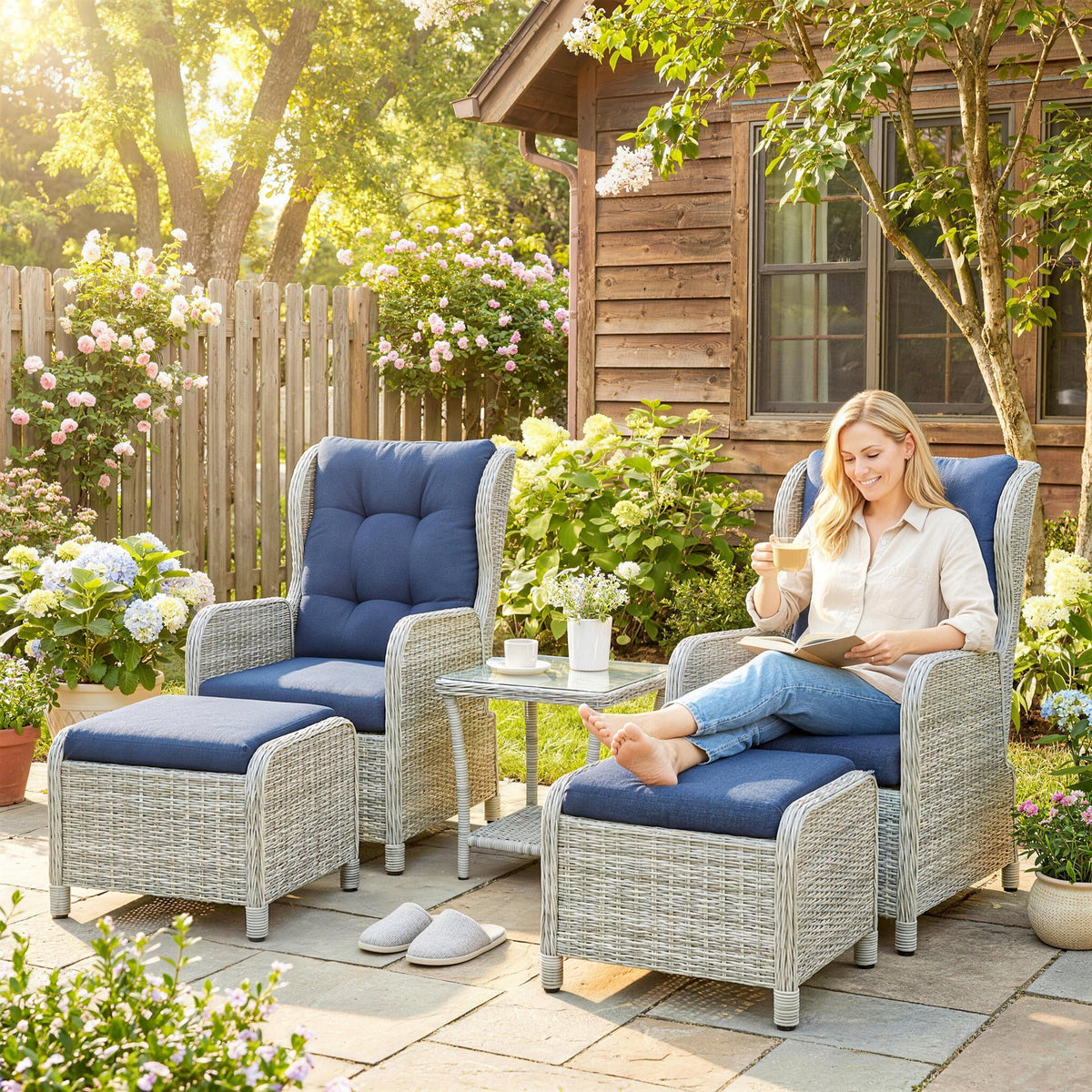Ensemble 5 pièces de fauteuils inclinables en rotin avec repose-pieds et table en verre, bleu foncé