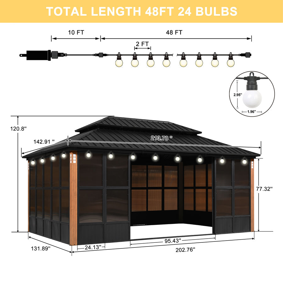 PURPLE LEAF – Pavillon-solarium à toit rigide avec colonnes effet bois, structure noire, double toit en acier galvanisé et guirlande lumineuse