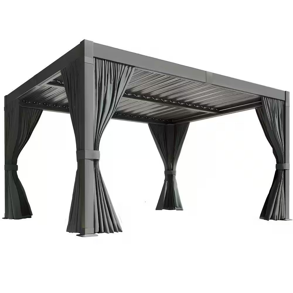 Pergola en aluminium 12 Ft. W X 10 Ft. D avec toit à lames orientables réglables, rideaux imperméables et moustiquaires