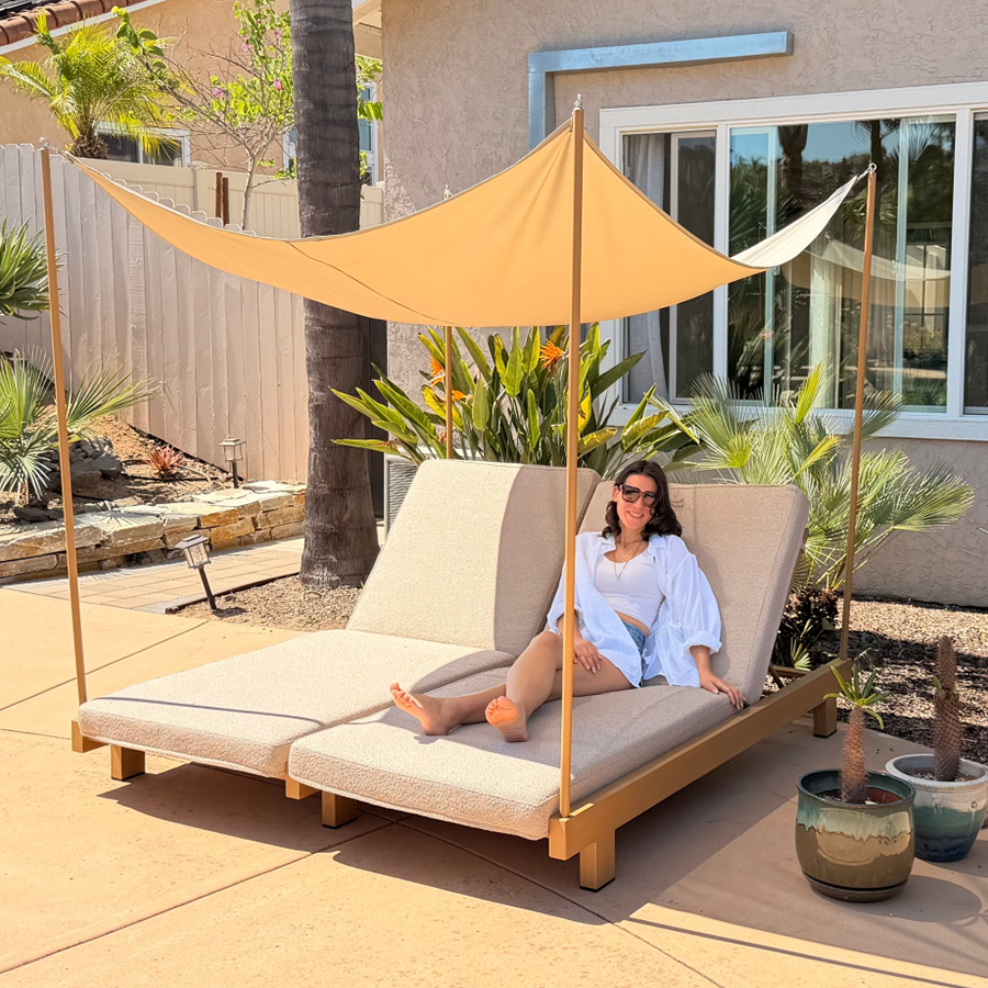 PURPLE LEAF – Lit de repos extérieur haut de gamme avec coussin, tissu mélangé oléfine et structure en aluminium pour terrasse et piscine