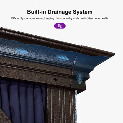 PURPLE LEAF – Pavillon extérieur à toit rigide pour terrasse, structure en aluminium bronze avec rideau bleu marine