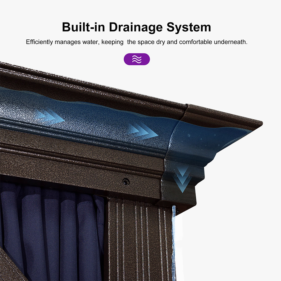 PURPLE LEAF – Pavillon extérieur à toit rigide pour terrasse, structure en aluminium bronze avec rideau bleu marine
