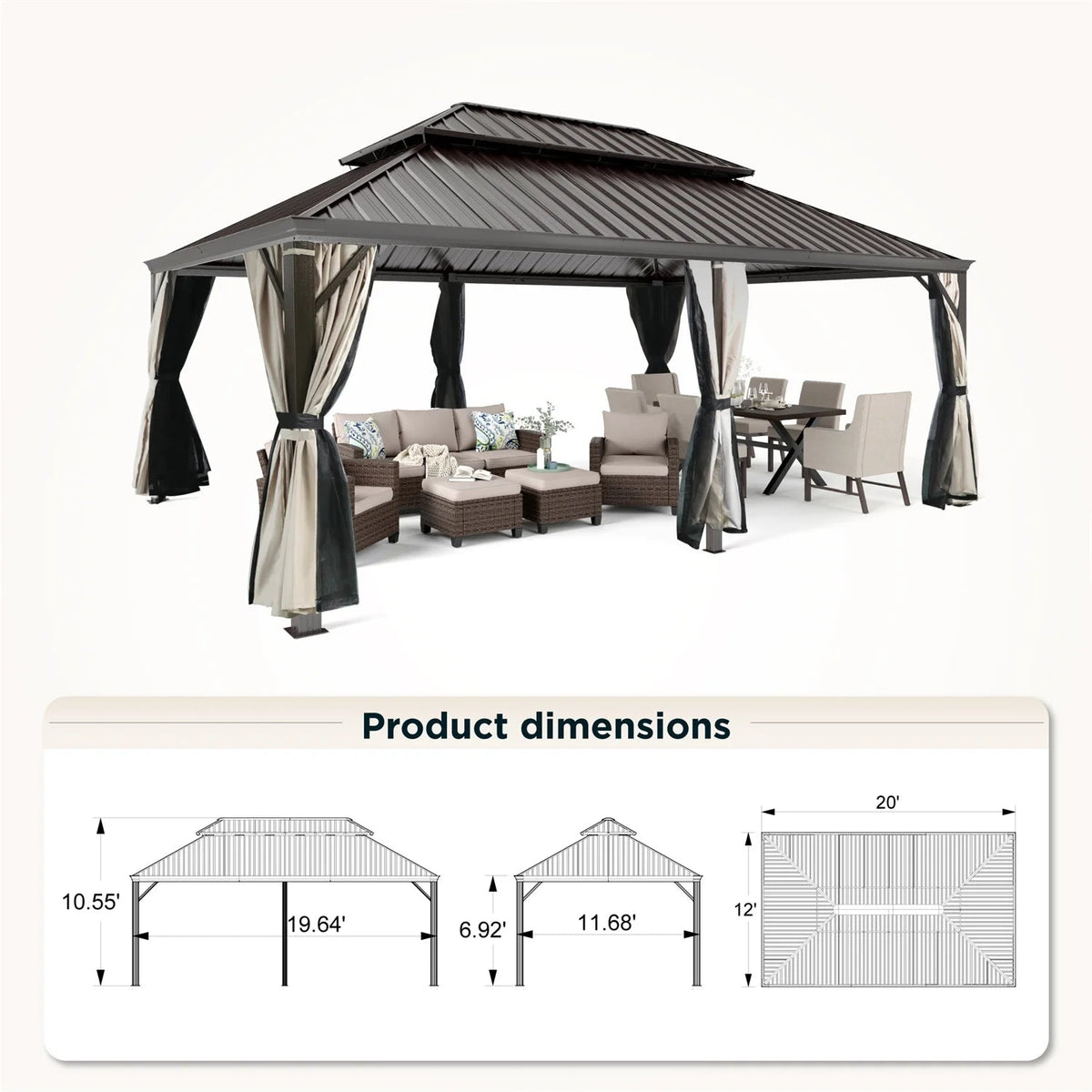 Erommy 14' X 20' – Pavillon de terrasse à toit rigide avec structure en aluminium, double toit en acier galvanisé, moustiquaires et rideaux, marron
