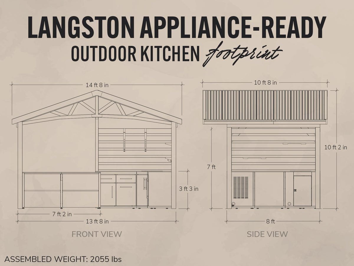 Langston | Cuisine extérieure couverte prête pour appareils avec réfrigérateur et évier