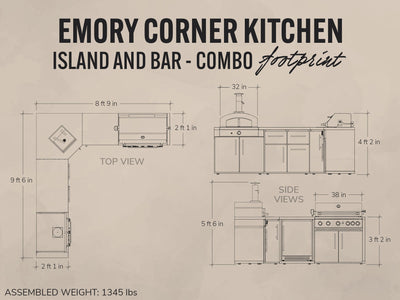 Emory | Îlot de cuisine extérieure d’angle avec barbecue encastrable et four à pizza