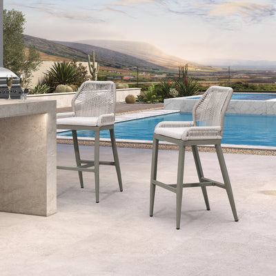 PURPLE LEAF – Lot de 4 tabourets de bar extérieurs en aluminium avec dossier, rotin tressé moderne style bohème pour jardin et piscine
