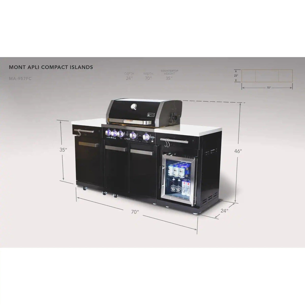 Îlot de cuisine extérieure Premium 70" en acier inoxydable noir avec réfrigérateur + barbecue 32"W 4 brûleurs avec brûleur arrière
