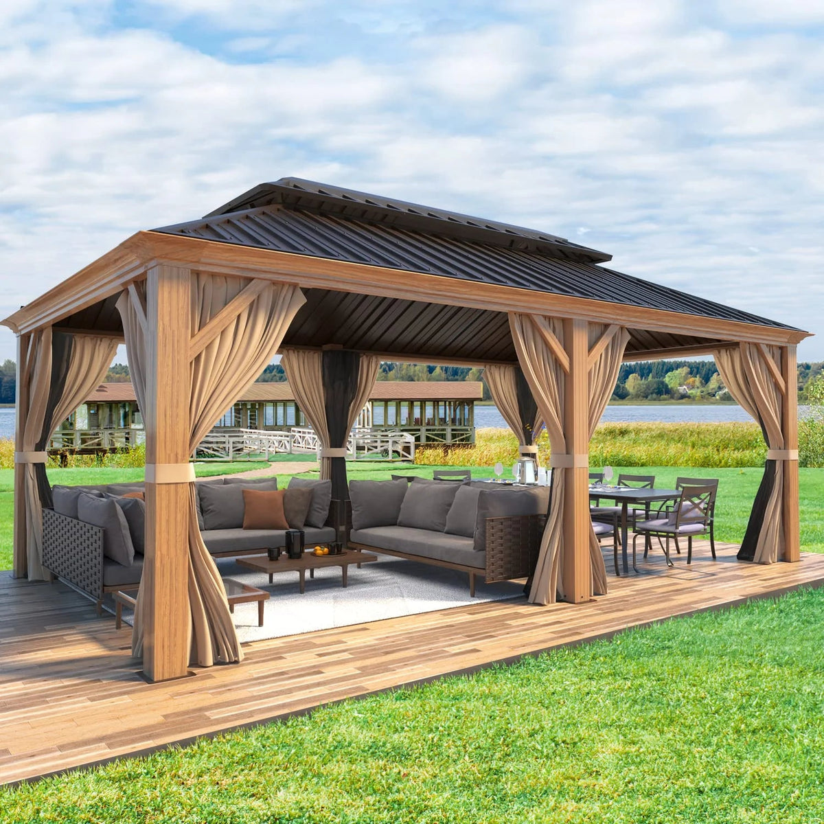 Erommy 12' X 20' – Pavillon à toit rigide avec structure en aluminium finition bois, double toit en acier galvanisé, rideaux et moustiquaires
