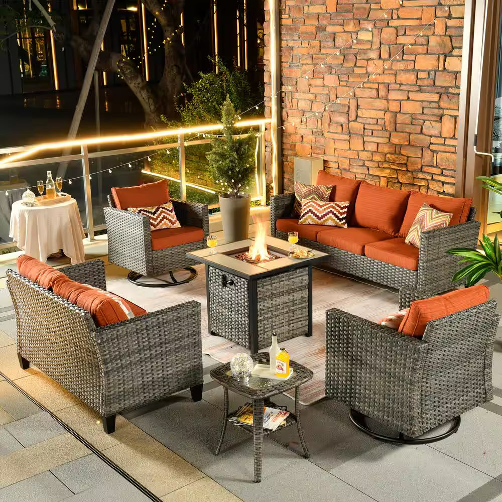 Michigan – Ensemble salon de terrasse extérieur en résine tressée 6 pièces avec brasero, coussins Orange Red et fauteuils à bascule pivotants