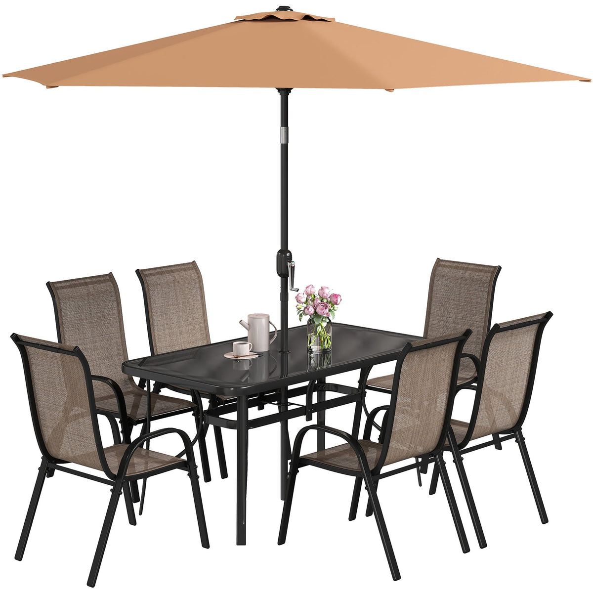 Ensemble repas de terrasse 8 pièces avec parasol 9 Ft, Mixed Brown