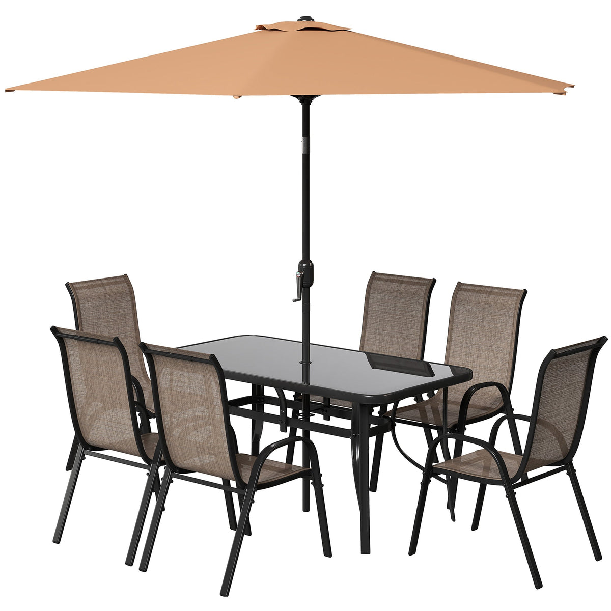 Ensemble repas de terrasse 8 pièces avec parasol 9 Ft, Mixed Brown