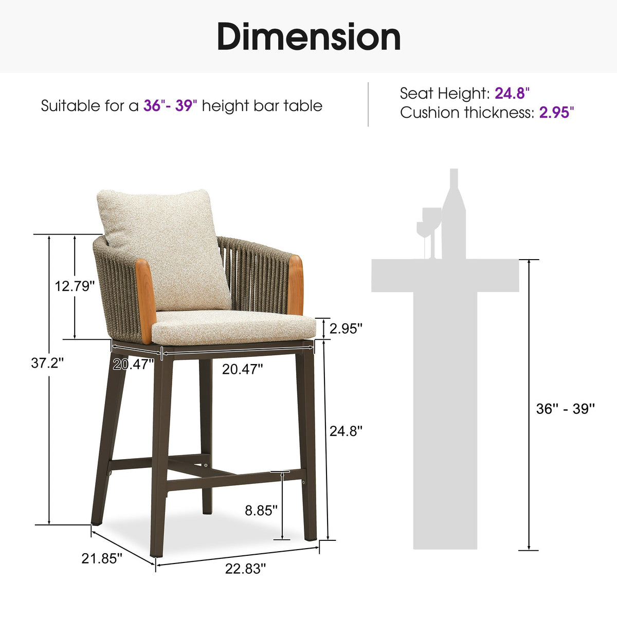 PURPLE LEAF Hailar – Tabouret de bar extérieur moderne en rotin avec dossier et coussin pour balcon, intérieur, extérieur ou îlot de cuisine