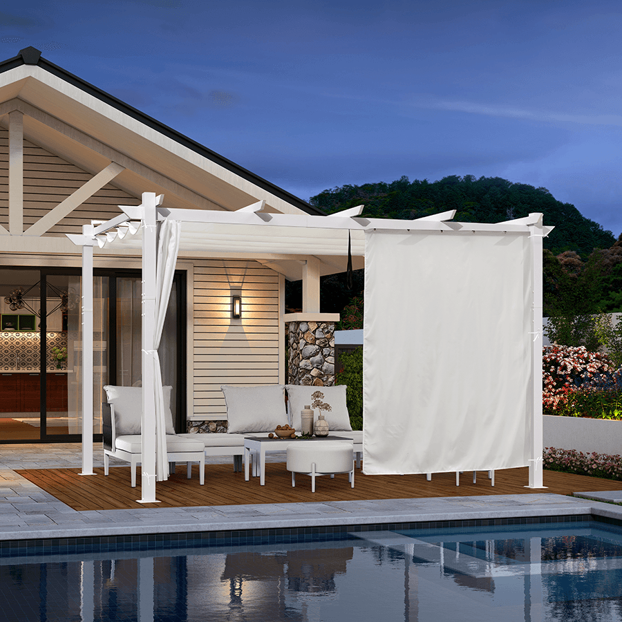PURPLE LEAF – Pergola extérieure rétractable blanche en aluminium renforcé avec double toile d’ombrage et rideaux