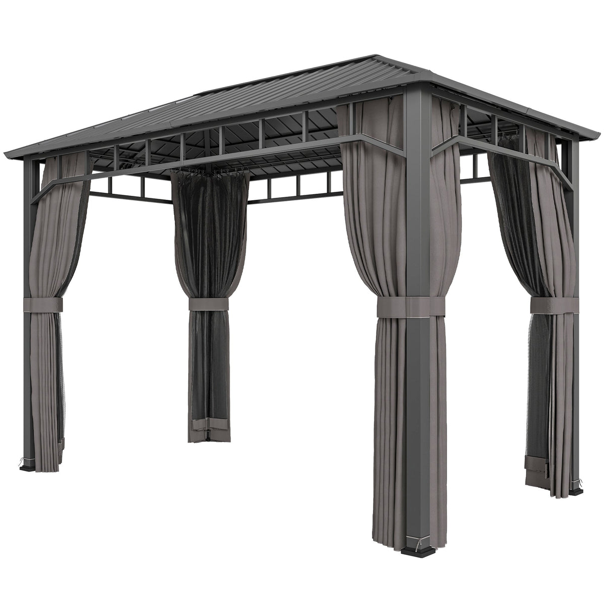 Pavillon à toit rigide 2 x 3.5 m avec toit galvanisé, moustiquaires et rideaux, gris foncé