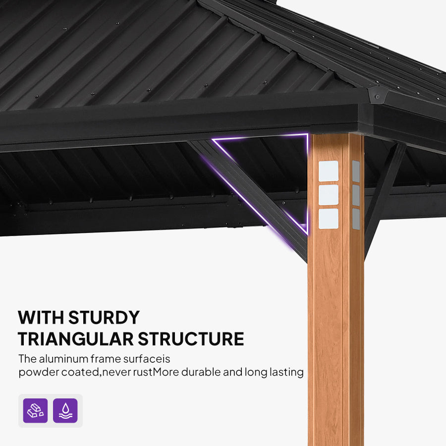 PURPLE LEAF – Pavillon-solarium à toit rigide avec colonnes effet bois, structure noire, double toit en acier galvanisé et guirlande lumineuse