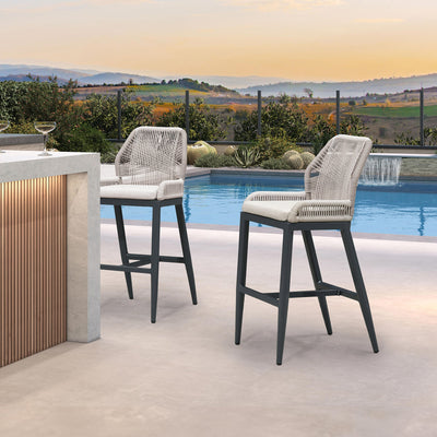 PURPLE LEAF – Lot de 4 tabourets de bar extérieurs en aluminium avec dossier, rotin tressé moderne style bohème pour jardin et piscine