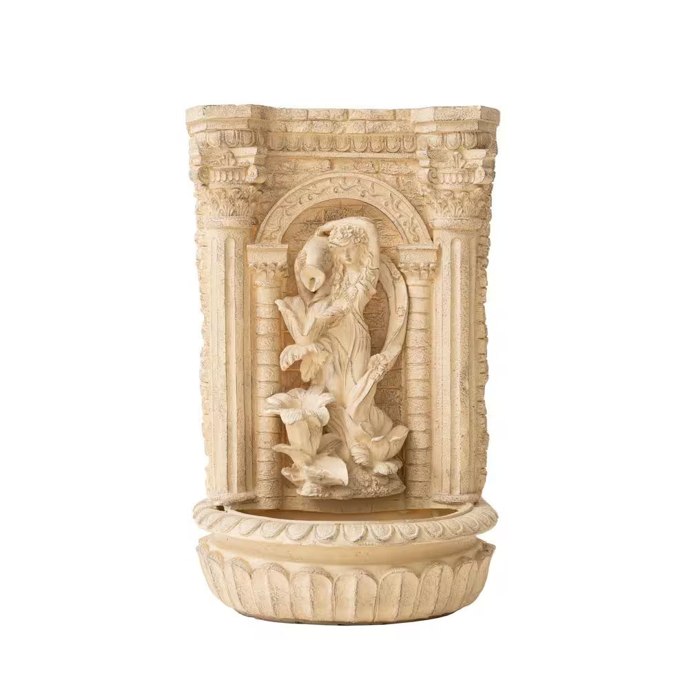 XBrand 30.3" – Fontaine solaire cascade avec pot, grande statue brune de jeune femme tenant un pot, fontaine murale extérieure en polyrésine
