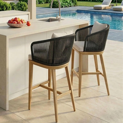 PURPLE LEAF – Tabourets de bar modernes extérieurs en aluminium et rotin avec dossier haut, accoudoirs, coussins et oreillers amovibles