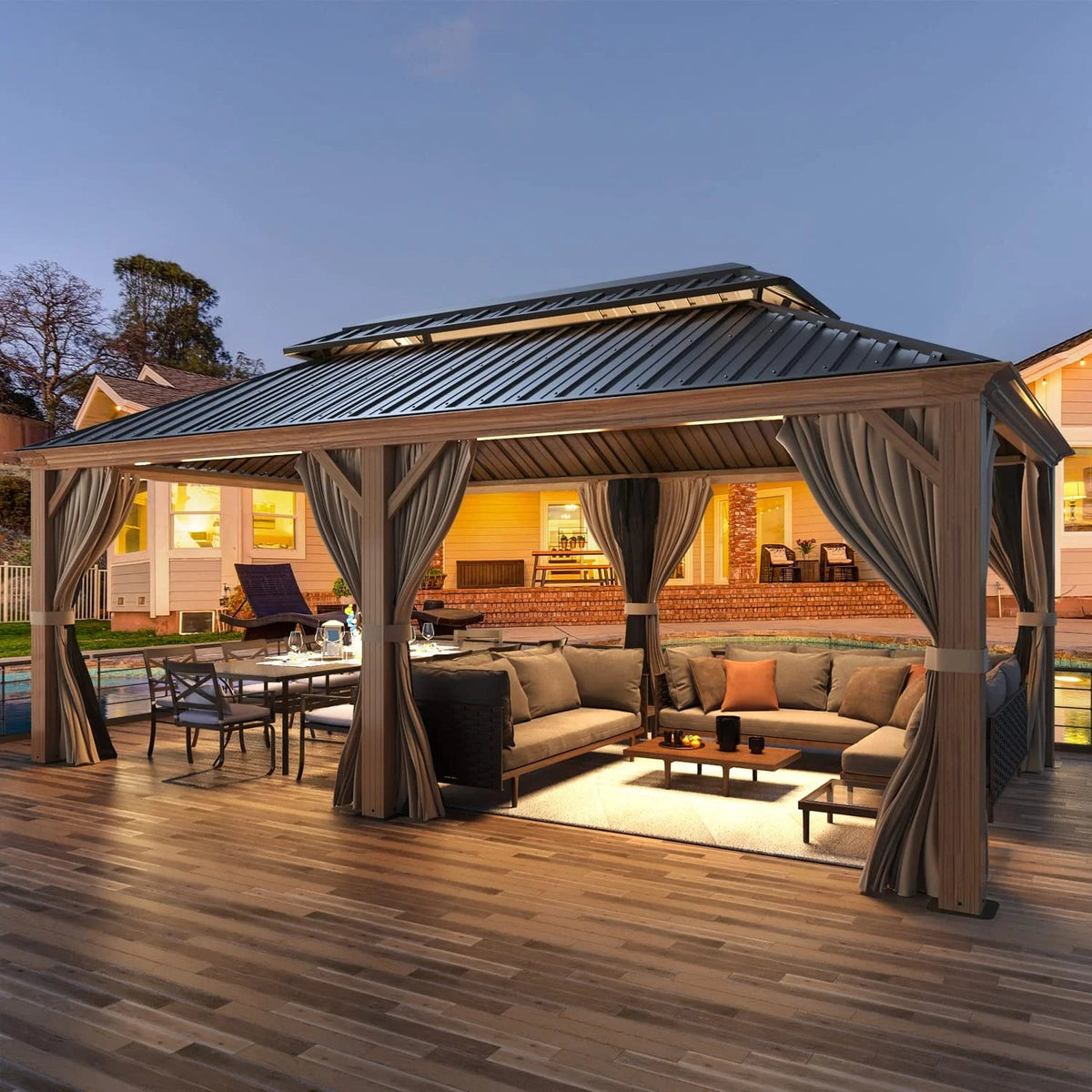 Erommy 12' X 20' – Pavillon à toit rigide avec structure en aluminium finition bois, double toit en acier galvanisé, rideaux et moustiquaires