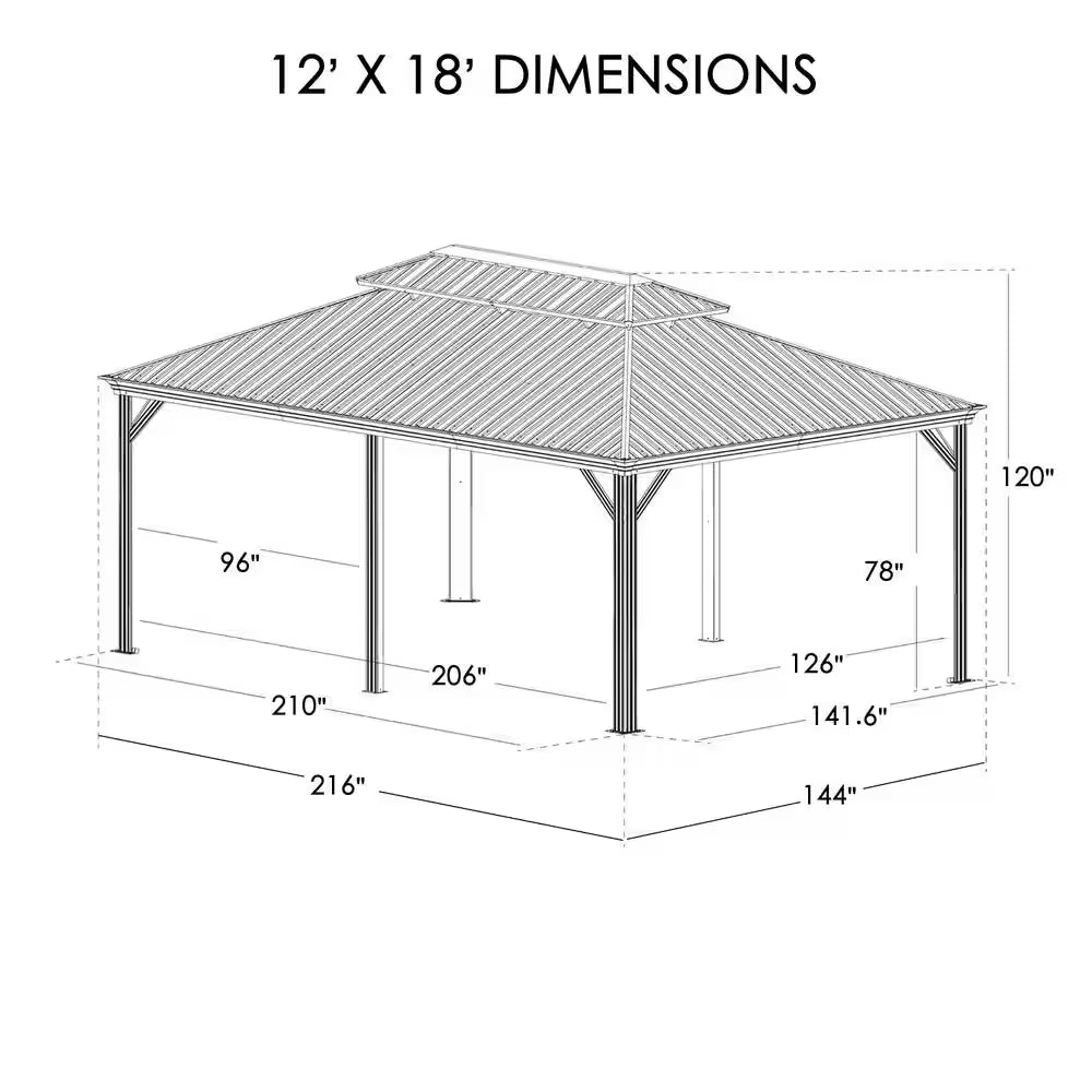 Pavillon à toit rigide 12 Ft. X 18 Ft., aluminium aspect bois, toit en acier galvanisé et moustiquaire
