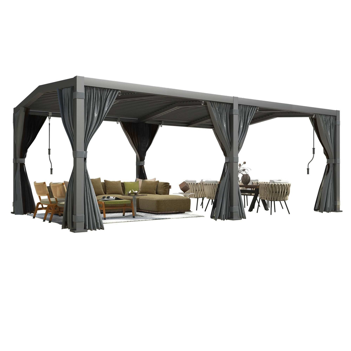 Pergola à lames orientables 12X20, structure en aluminium gris foncé avec toit réglable étanche à la pluie, rideaux imperméables et moustiquaires