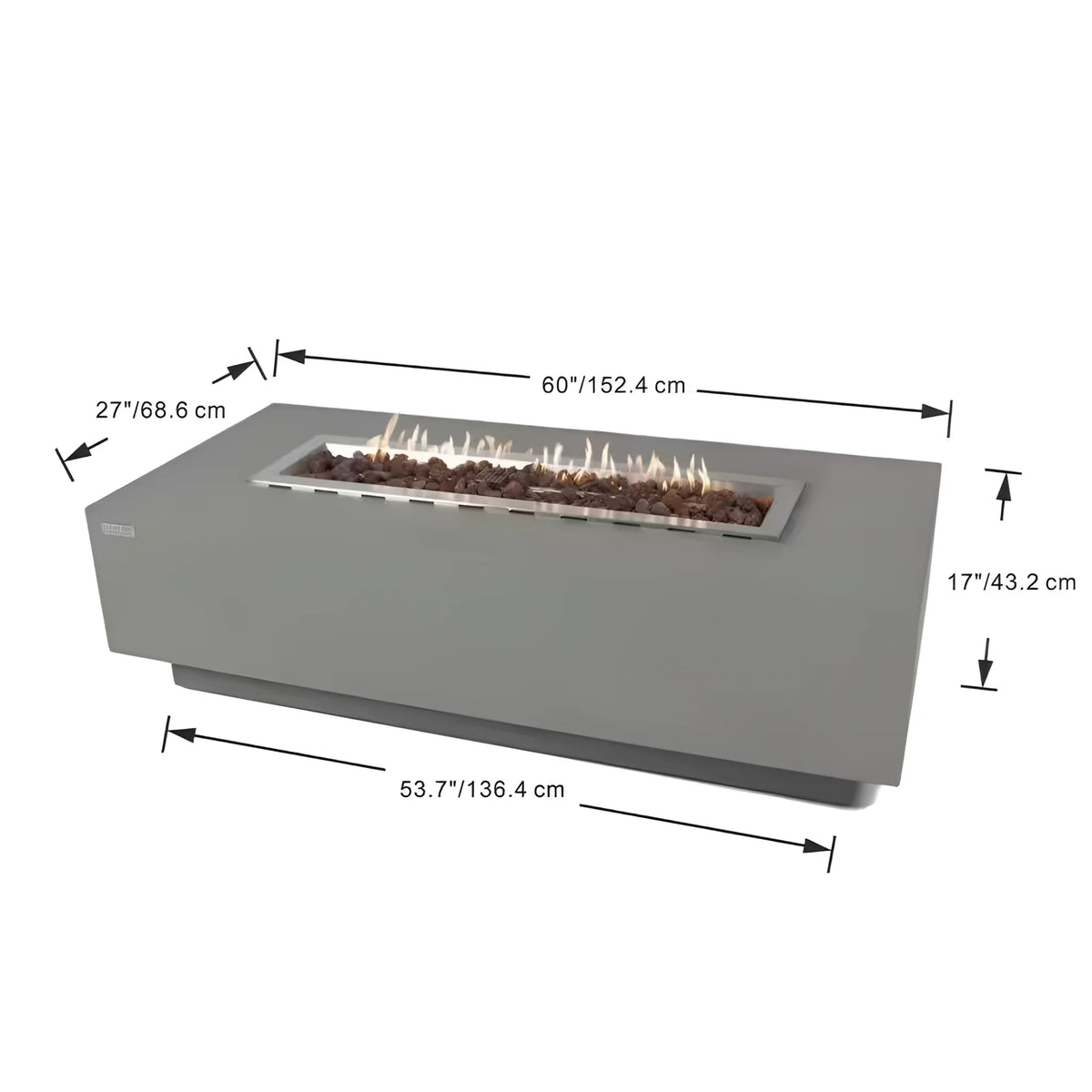 Elementi Granville – Table brasero extérieure rectangulaire en béton au propane 60 In. X 27 In. avec pierres de lave et housse