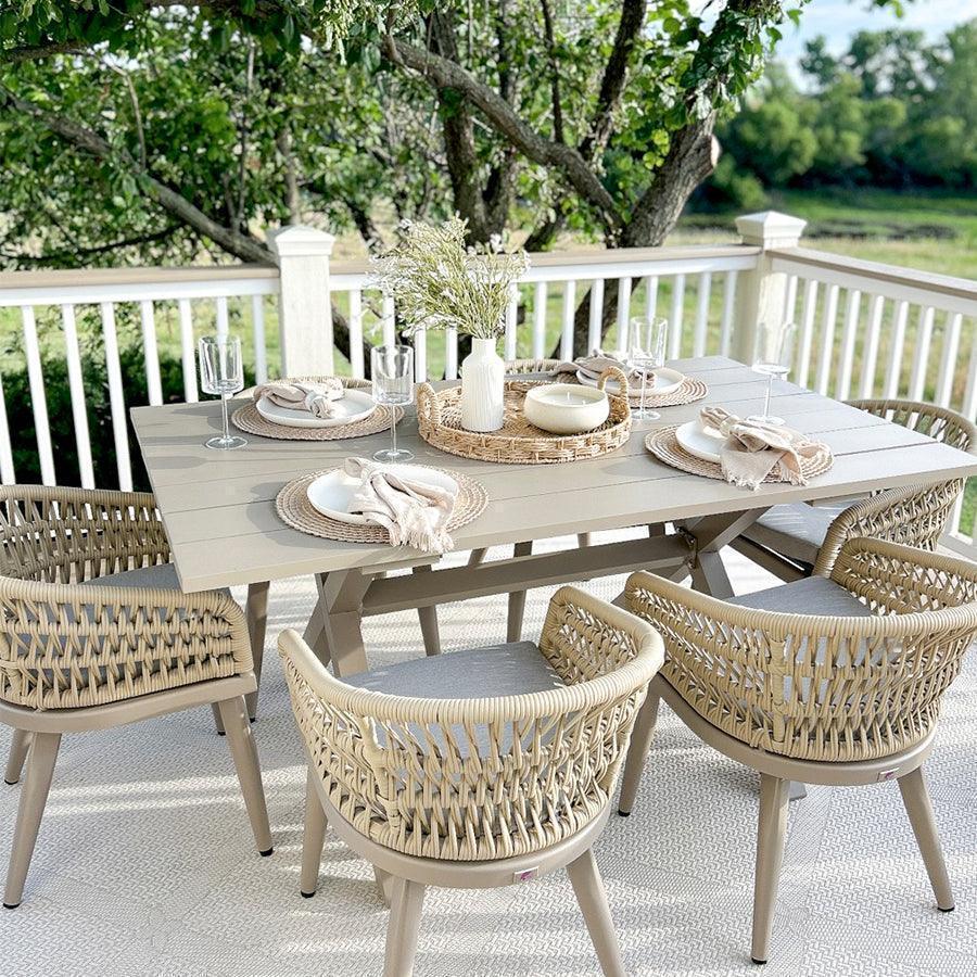 PURPLE LEAF – Table repas extérieure moderne 6/8/10 places avec table en aluminium toutes saisons et chaises en rotin avec coussins, Champagne