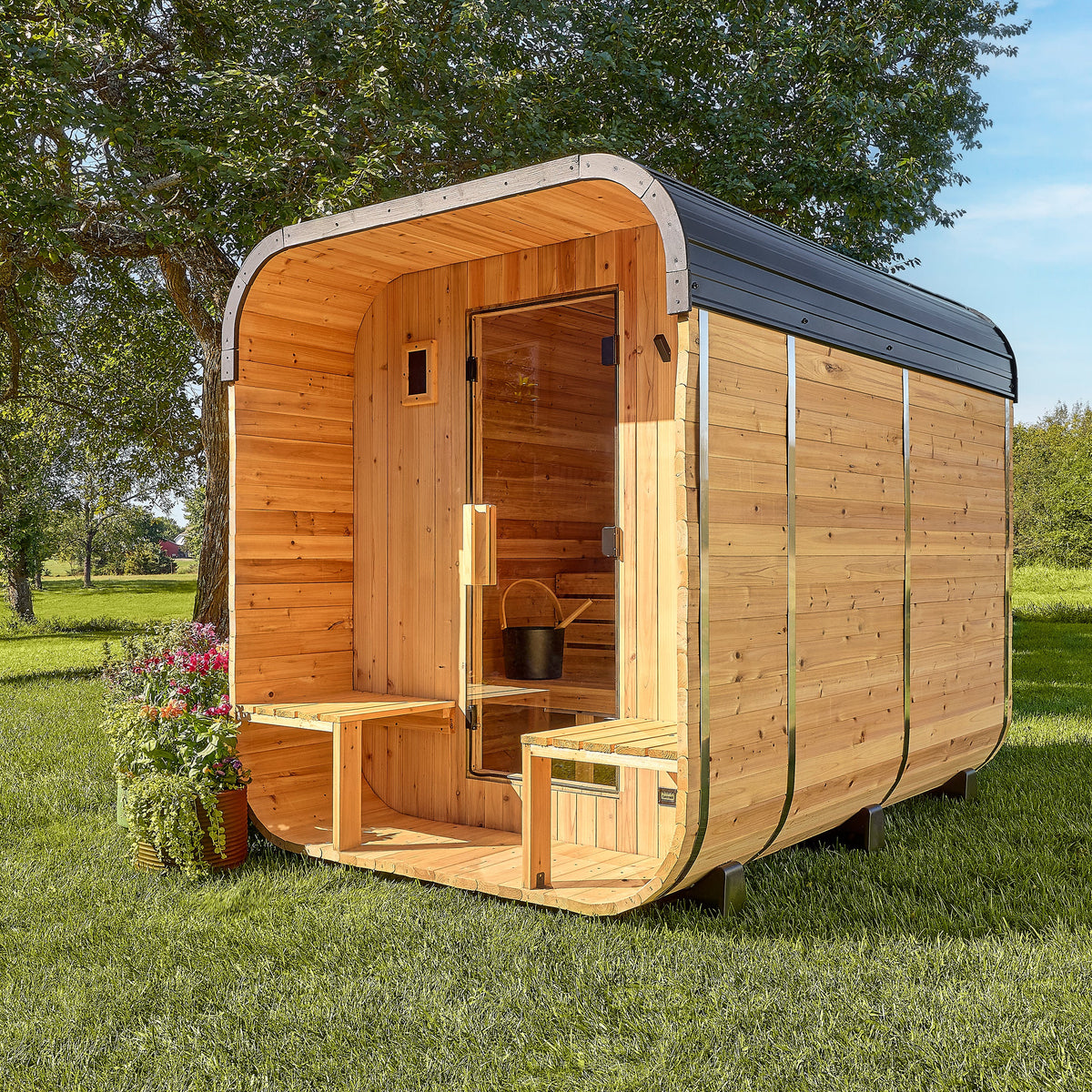 Lennon – Sauna cube extérieur avec porche, 4-6 personnes