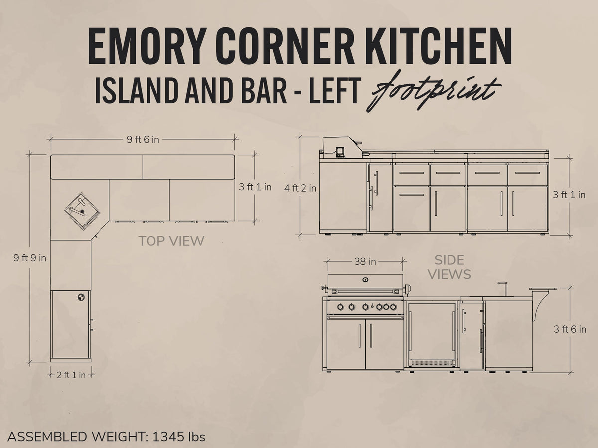 Emory | Îlot de cuisine extérieure d’angle avec places de bar et barbecue encastrable – gauche