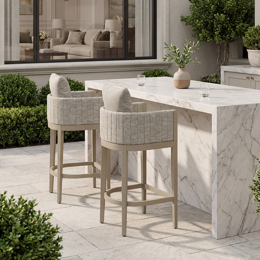 PURPLE LEAF Sanori – Lot de 2 tabourets de bar modernes en oléfine tressée avec oreiller de dossier pour terrasse, piscine ou intérieur