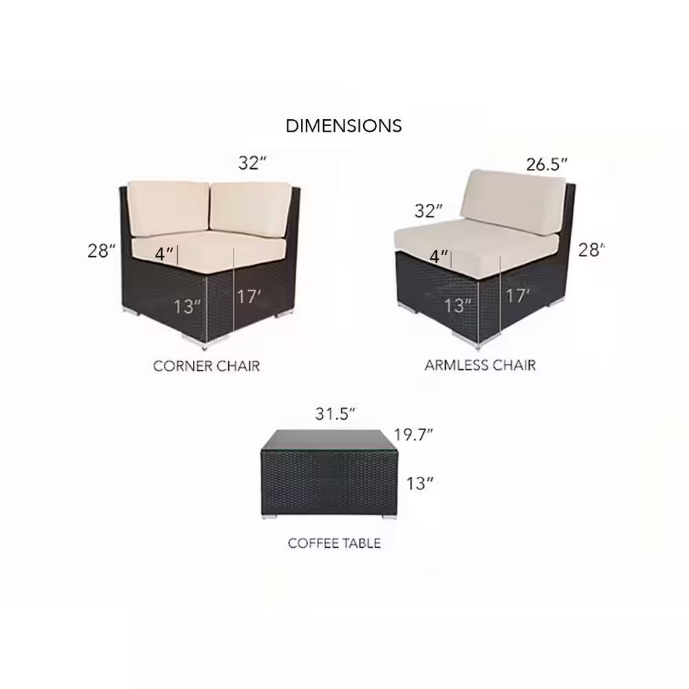 Ensemble salon de terrasse en résine tressée noire 7 pièces avec coussins Sunbrella Coal