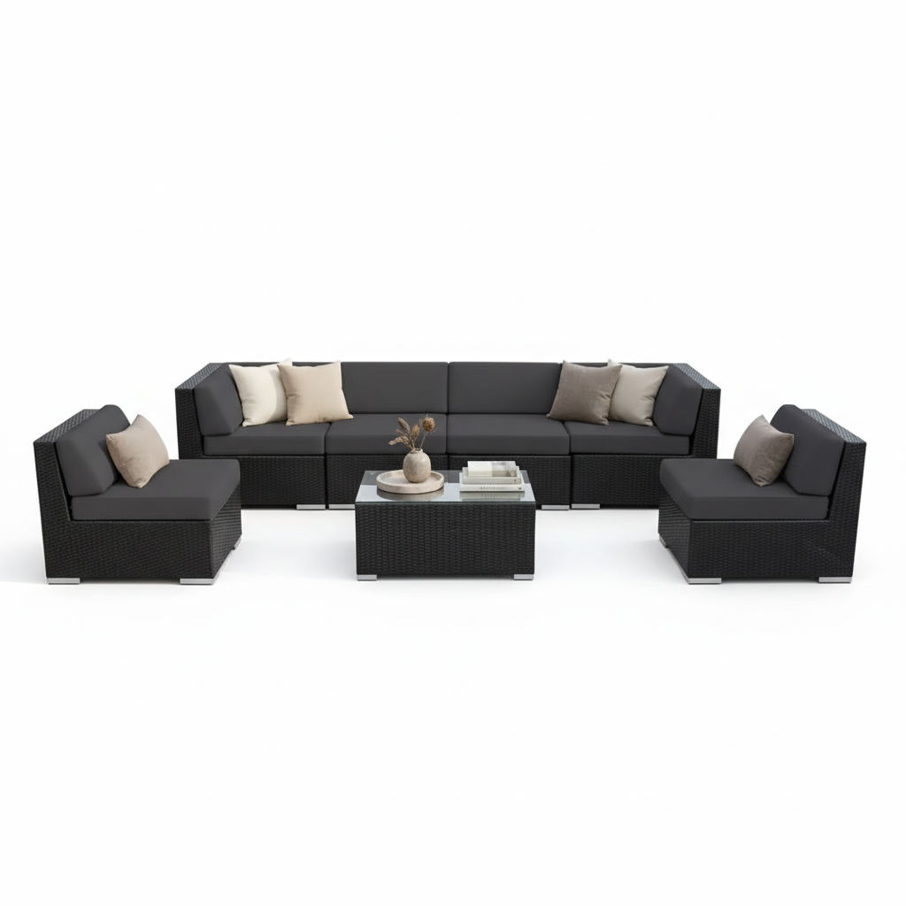 Ensemble salon de terrasse en résine tressée noire 7 pièces avec coussins Sunbrella Coal