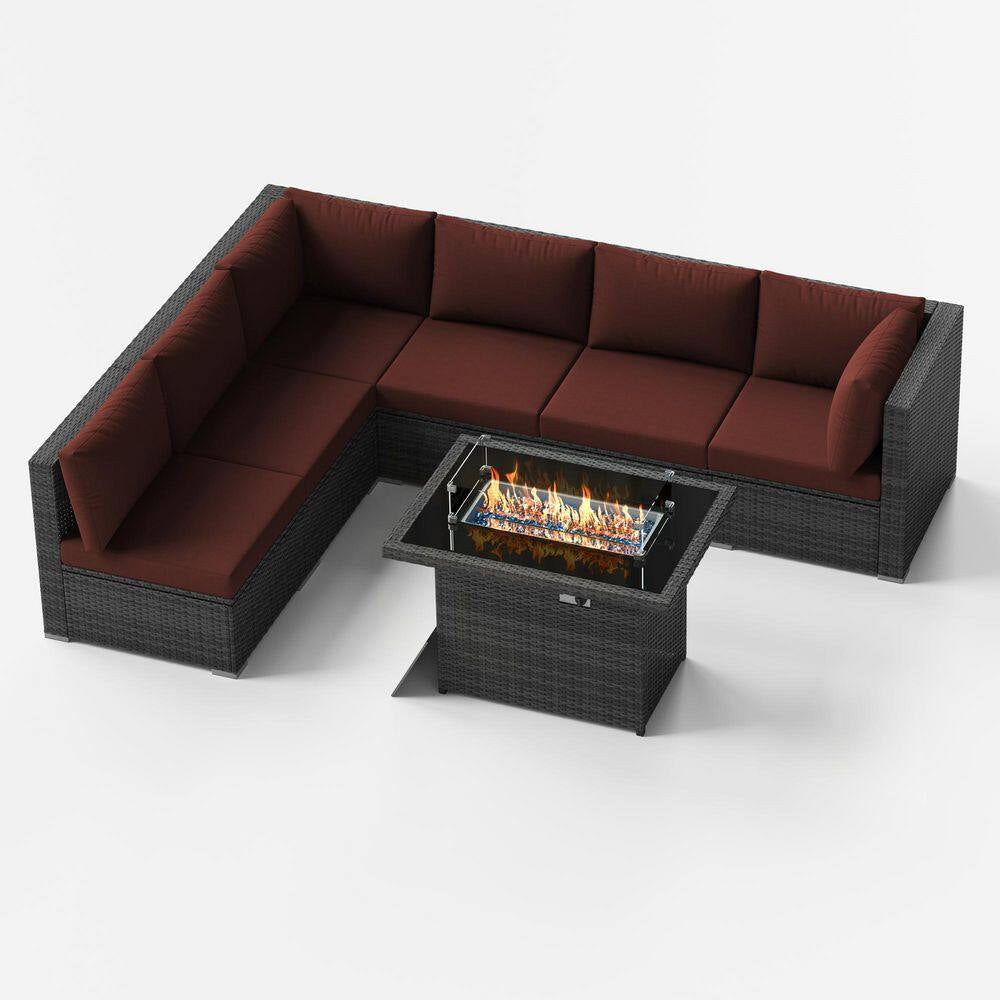 Grand ensemble salon d’angle de terrasse 7 pièces en résine tressée Charcoal avec brasero et coussins Dark Red