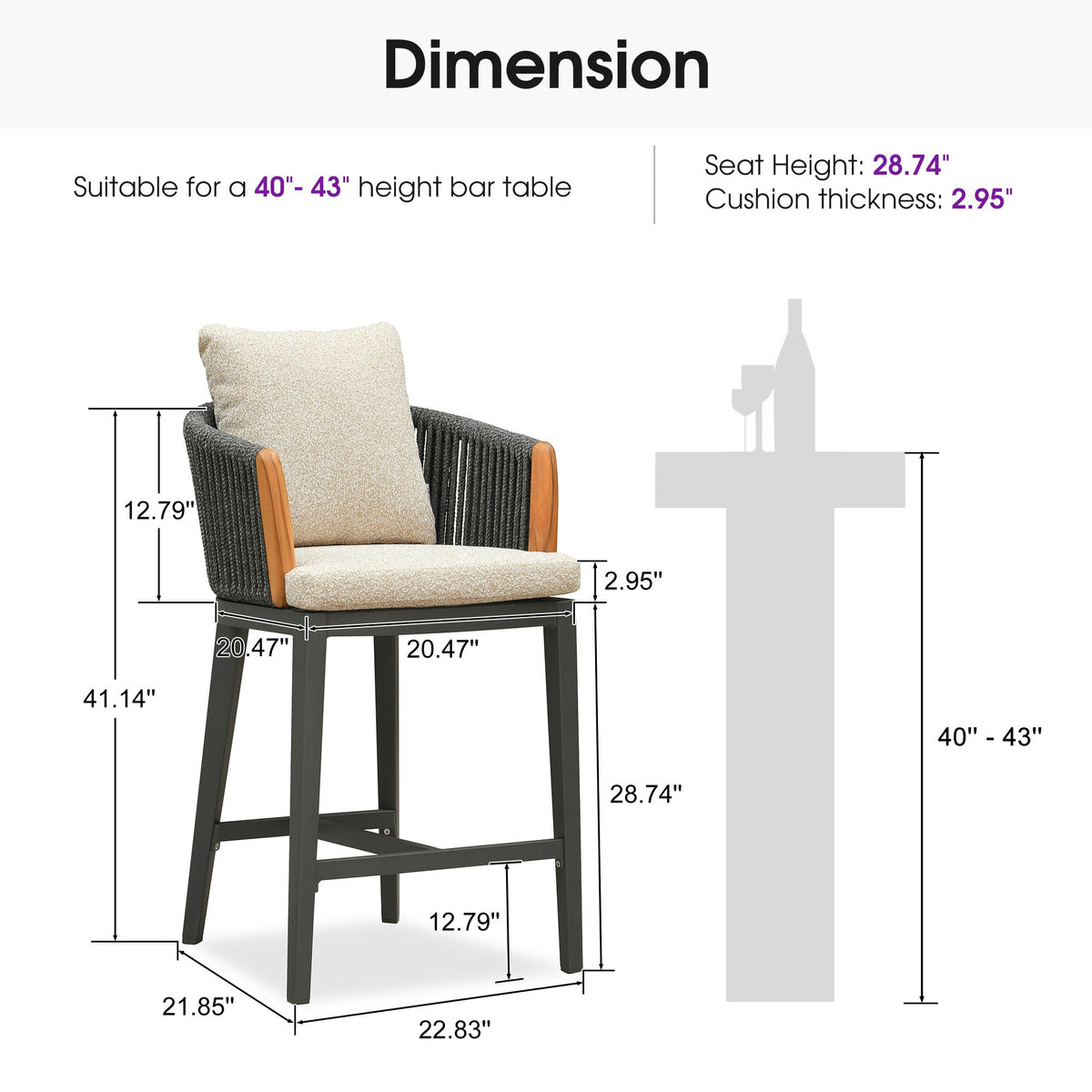 PURPLE LEAF Hailar – Tabouret de bar extérieur moderne en rotin avec dossier et coussin pour balcon, intérieur, extérieur ou îlot de cuisine