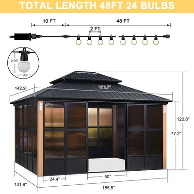 PURPLE LEAF – Pavillon-solarium à toit rigide avec colonnes effet bois, structure noire, double toit en acier galvanisé et guirlande lumineuse