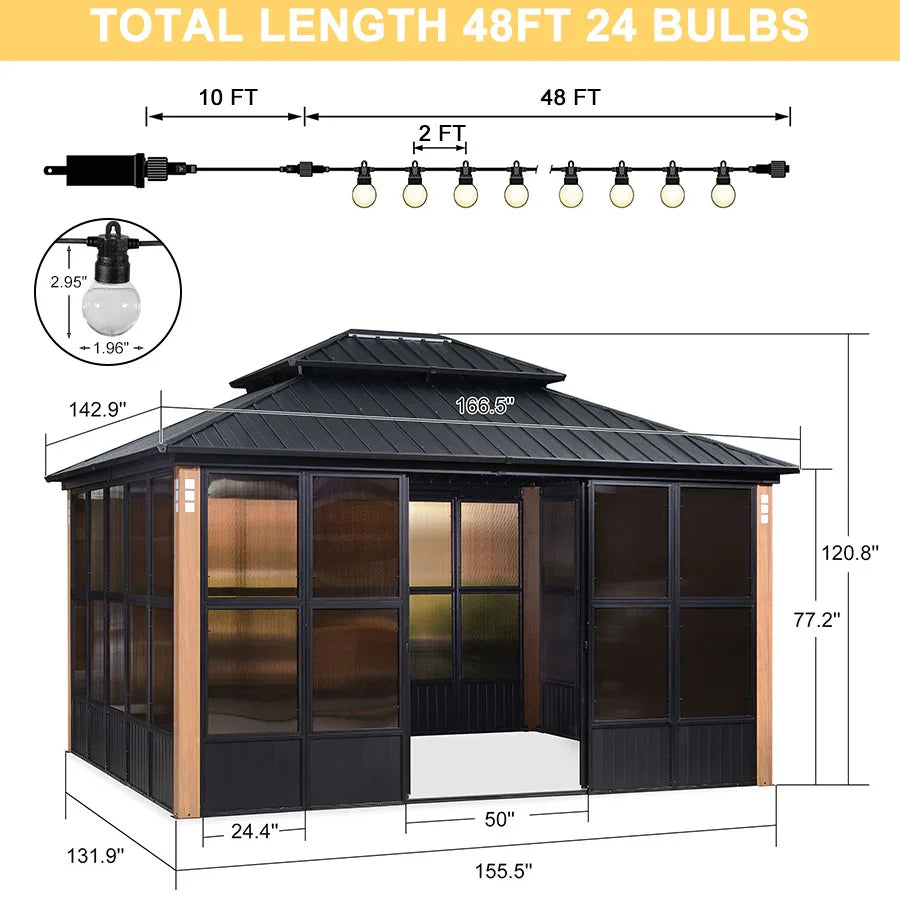 PURPLE LEAF – Pavillon-solarium à toit rigide avec colonnes effet bois, structure noire, double toit en acier galvanisé et guirlande lumineuse