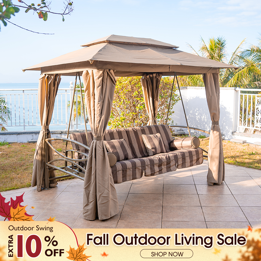 PURPLE LEAF – Balancelle extérieure 3 personnes avec pavillon de terrasse, moustiquaires, rideaux et auvent pour adultes