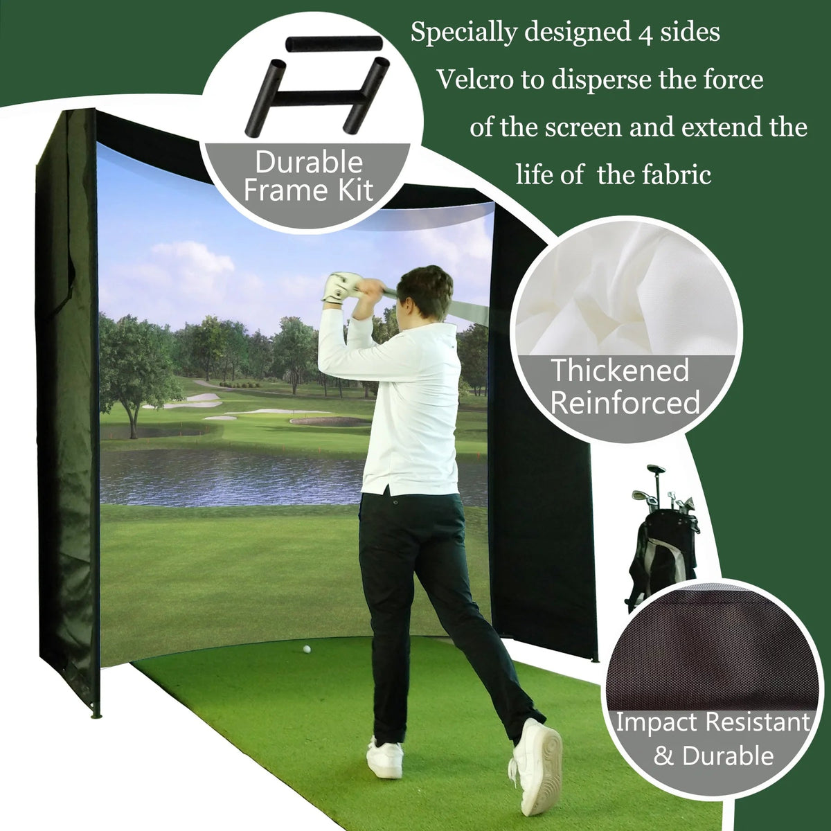 Kit DIY d’enceinte avec structure et écran d’impact pour simulateur de golf, tissu résistant avec Velcro, bordure noire renforcée, 9.8'X9.8'X4.9'