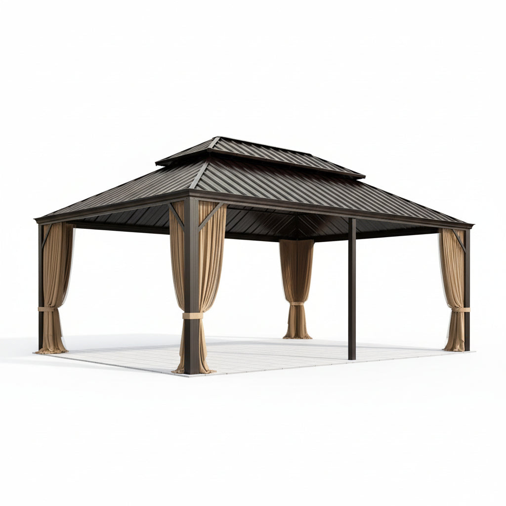 Erommy 14' X 20' – Pavillon de terrasse à toit rigide avec structure en aluminium, double toit en acier galvanisé, moustiquaires et rideaux, marron