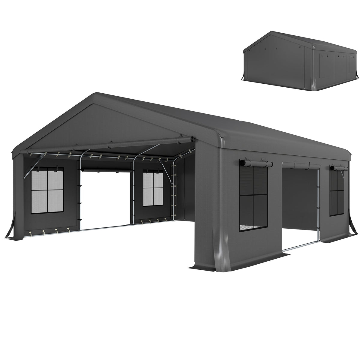 Abri voiture renforcé 20' x 20' avec 3 portes enroulables, gris foncé