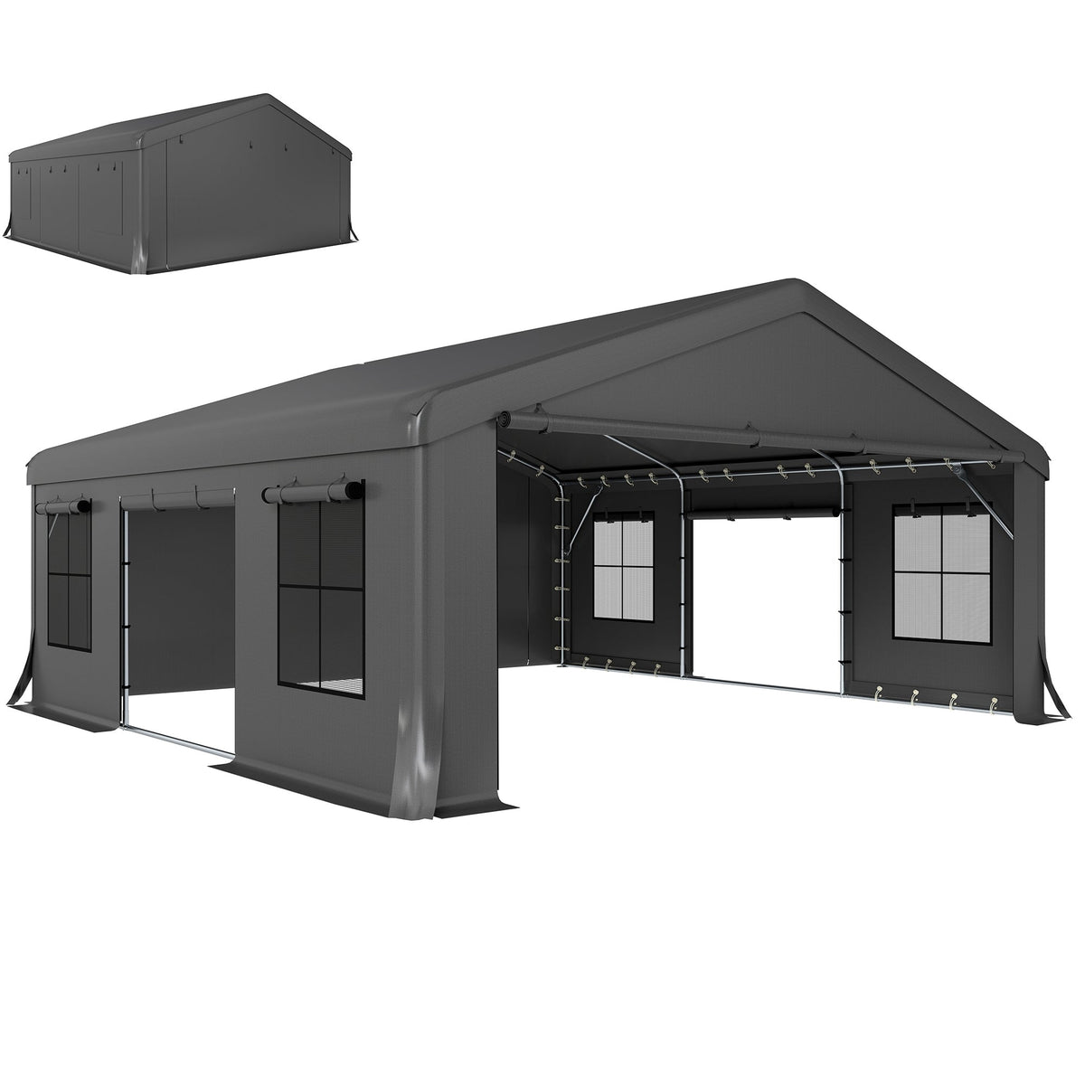 Abri voiture renforcé 20' x 20' avec 3 portes enroulables, gris foncé