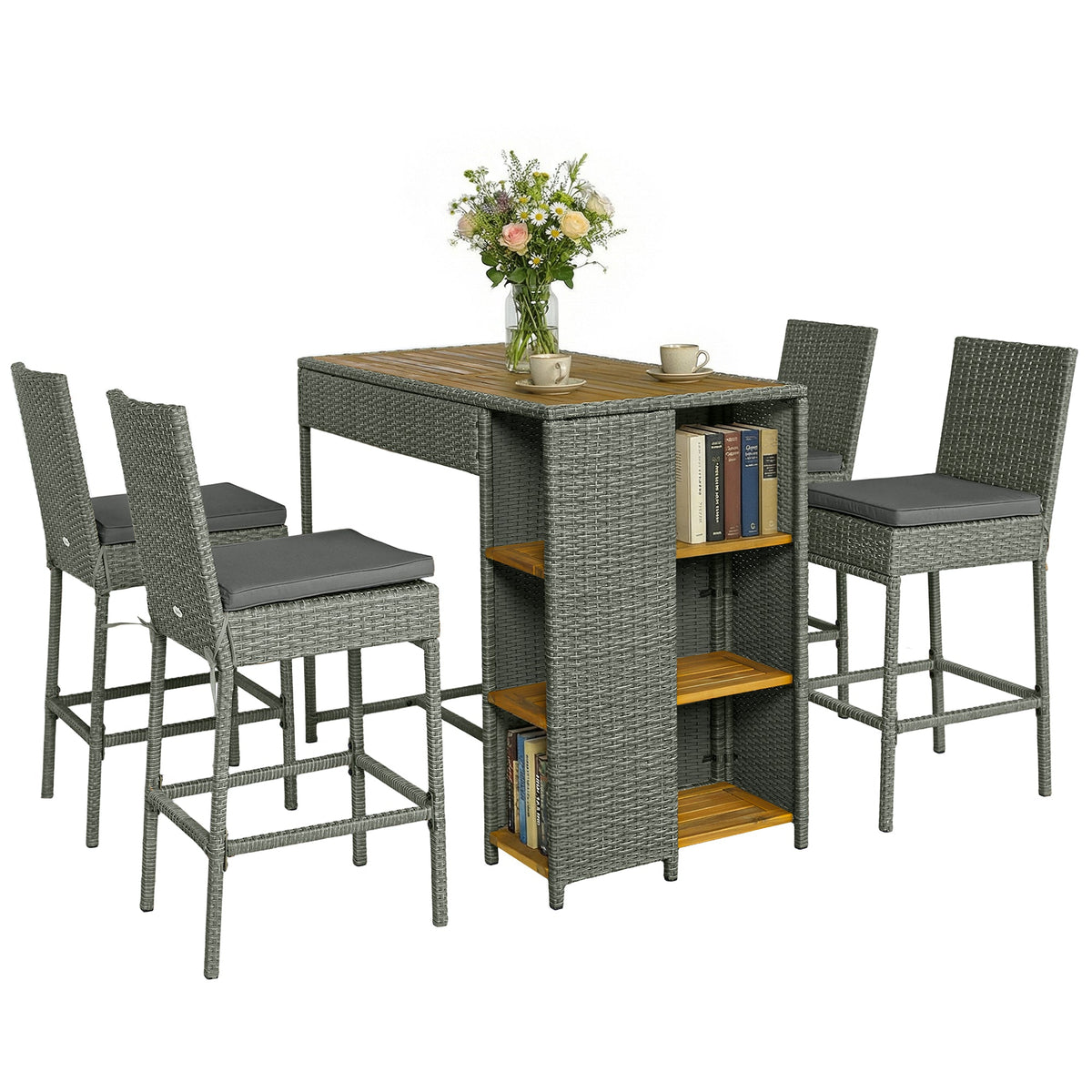 Ensemble bar extérieur 5 pièces avec table de rangement et coussins, gris