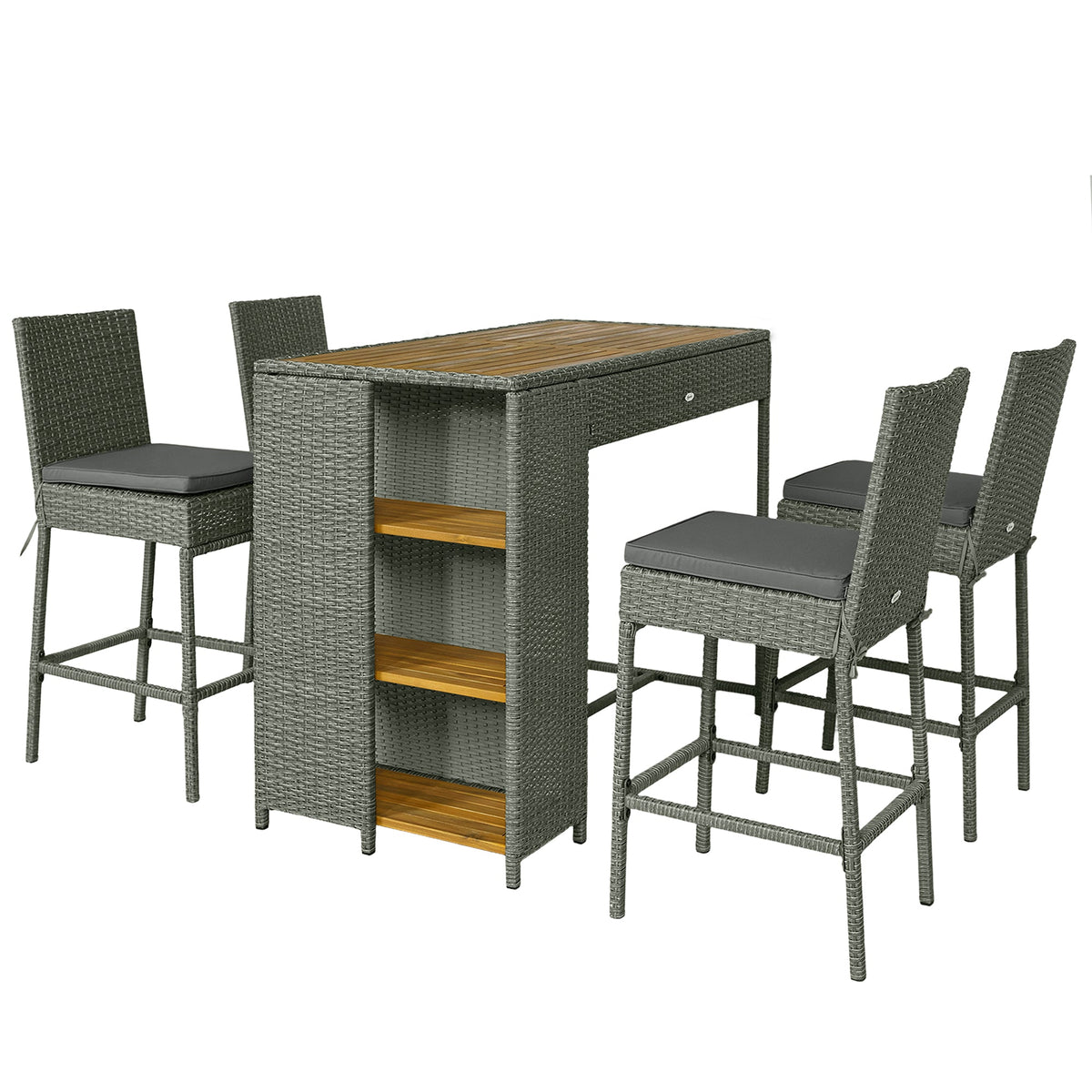 Ensemble bar extérieur 5 pièces avec table de rangement et coussins, gris