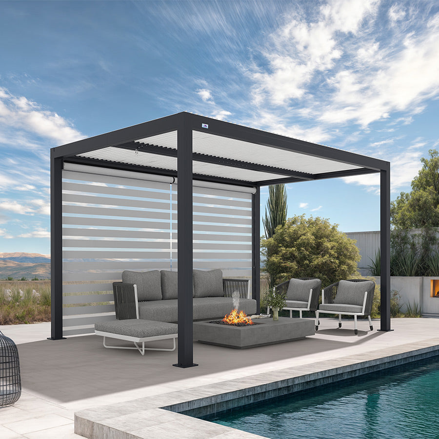 PURPLE LEAF Athena – Pergola extérieure grise en aluminium à lames orientables avec stores enrouleurs, réglable et étanche à la pluie