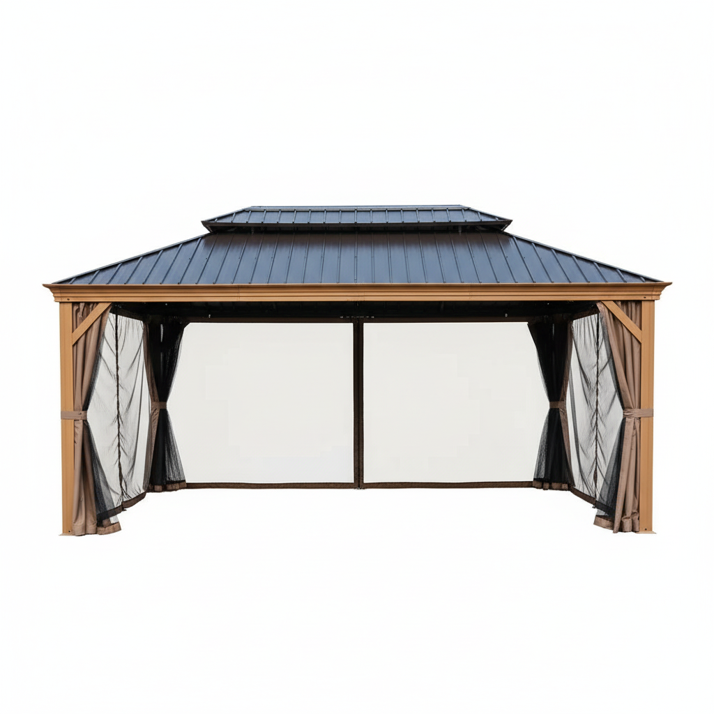 Apollo 12 Ft. X 20 Ft. W – Pavillon à toit rigide en aluminium aspect bois avec toit en acier galvanisé et moustiquaire
