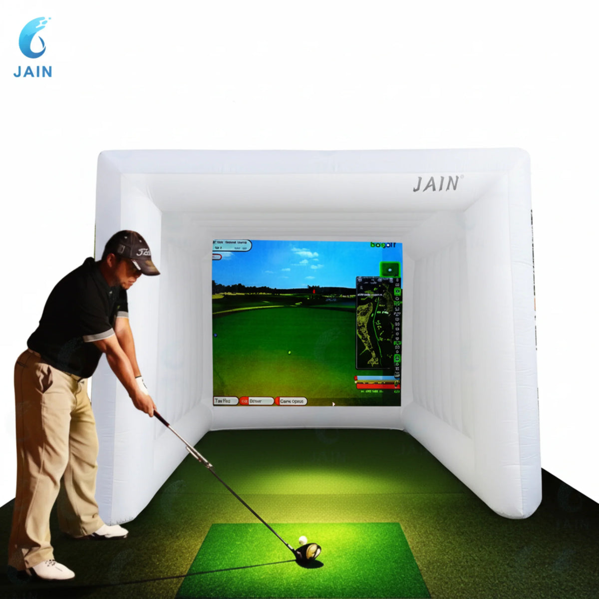 Enceinte gonflable pour simulateur de golf avec cage d’entraînement au swing, ventilateur intégré et toile Oxford