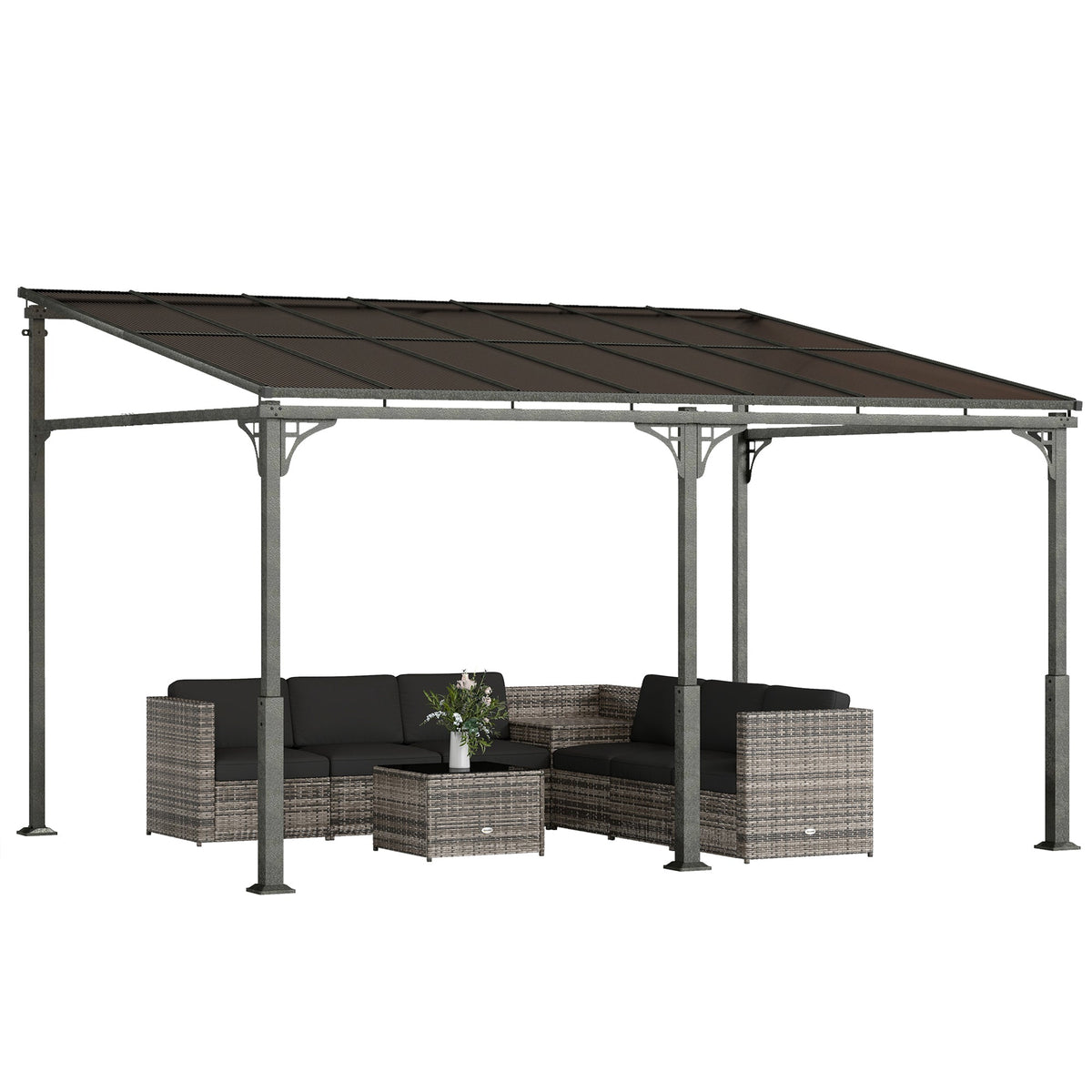 Pavillon adossé 13' x 10' avec toit en polycarbonate, marron