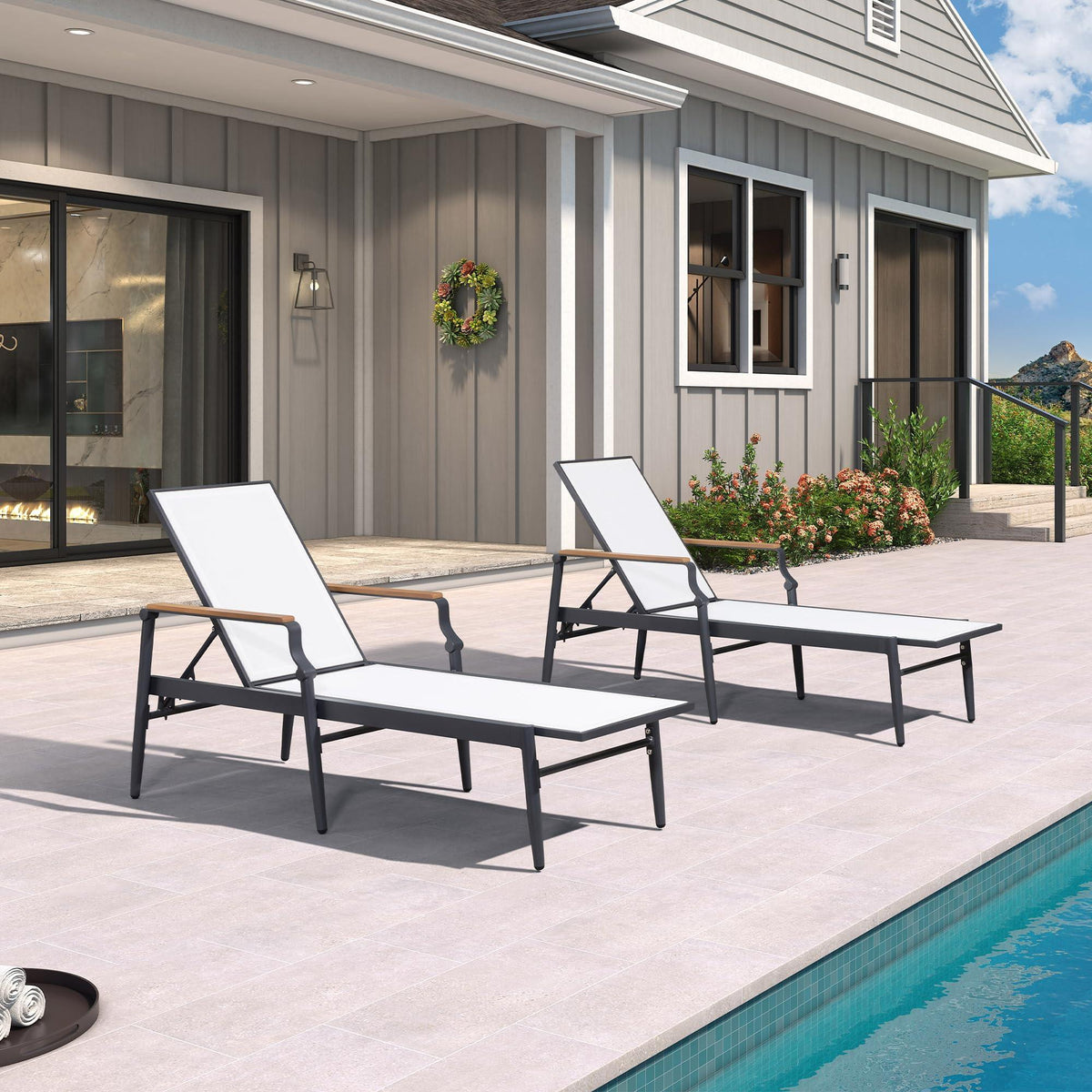 PURPLE LEAF – Lot de 2 chaises longues extérieures en aluminium avec accoudoirs en bois, inclinables pour terrasse et piscine, blanc